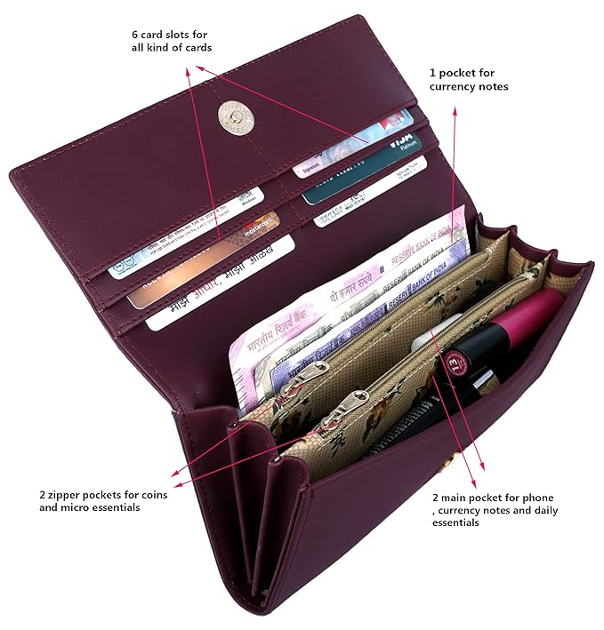 Women's Maroon Faux Leather Hand Wallet Clutch Trendy | 6 Card Slots | Phone Pocket